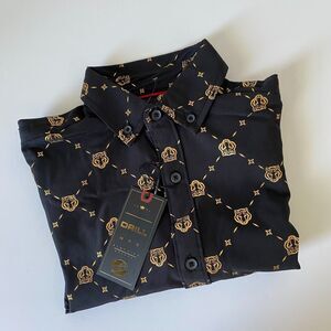 DRILL CLOTHING co. Button Down‎ Shirt Mens Sz Small Black & Gold Short Sleeve